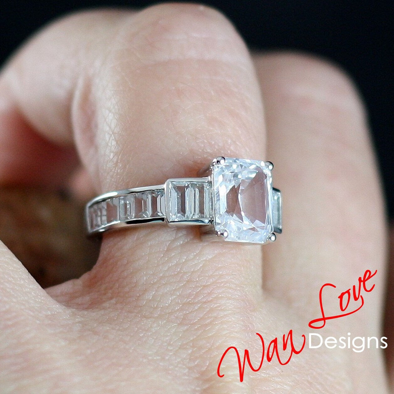 White Sapphire Moissanite Emerald Radiant Baguette Art Deco Engagement Ring 3ct 9x7mm Custom Wedding Anniversary Gift