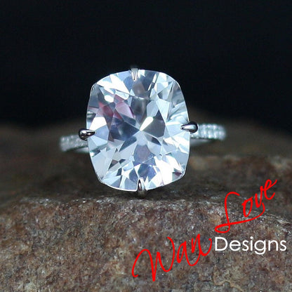 White Sapphire Elongated Cushion & Diamond bridge Engagement Ring, Celebrity, Custom, Wedding, Anniversary, WanLoveDesigns
