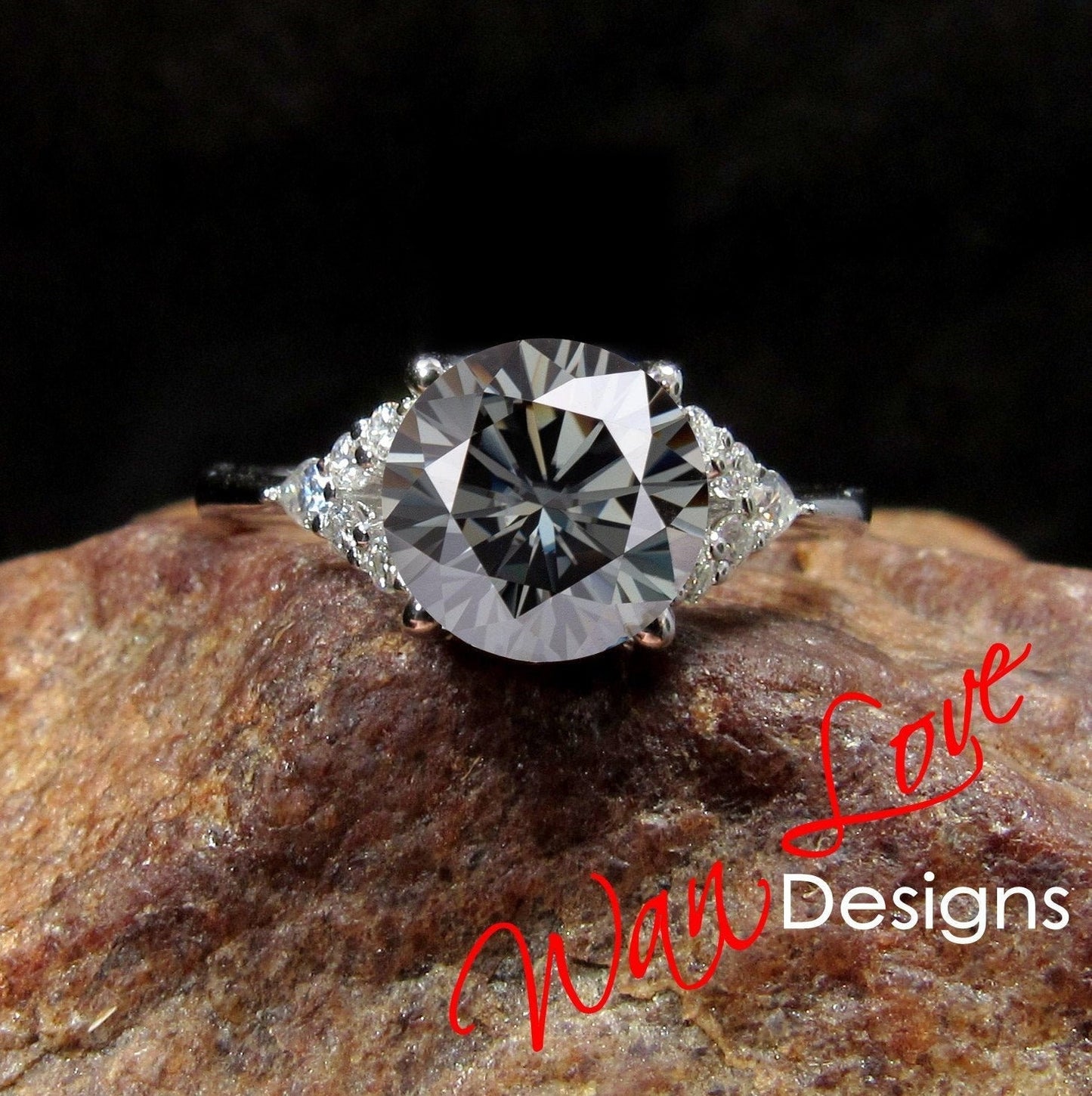 Vintage Gray Moissanite & Diamond Engagement Ring Round Claw prong Pear split shank antique ring art deco rose gold wedding anniversary gift