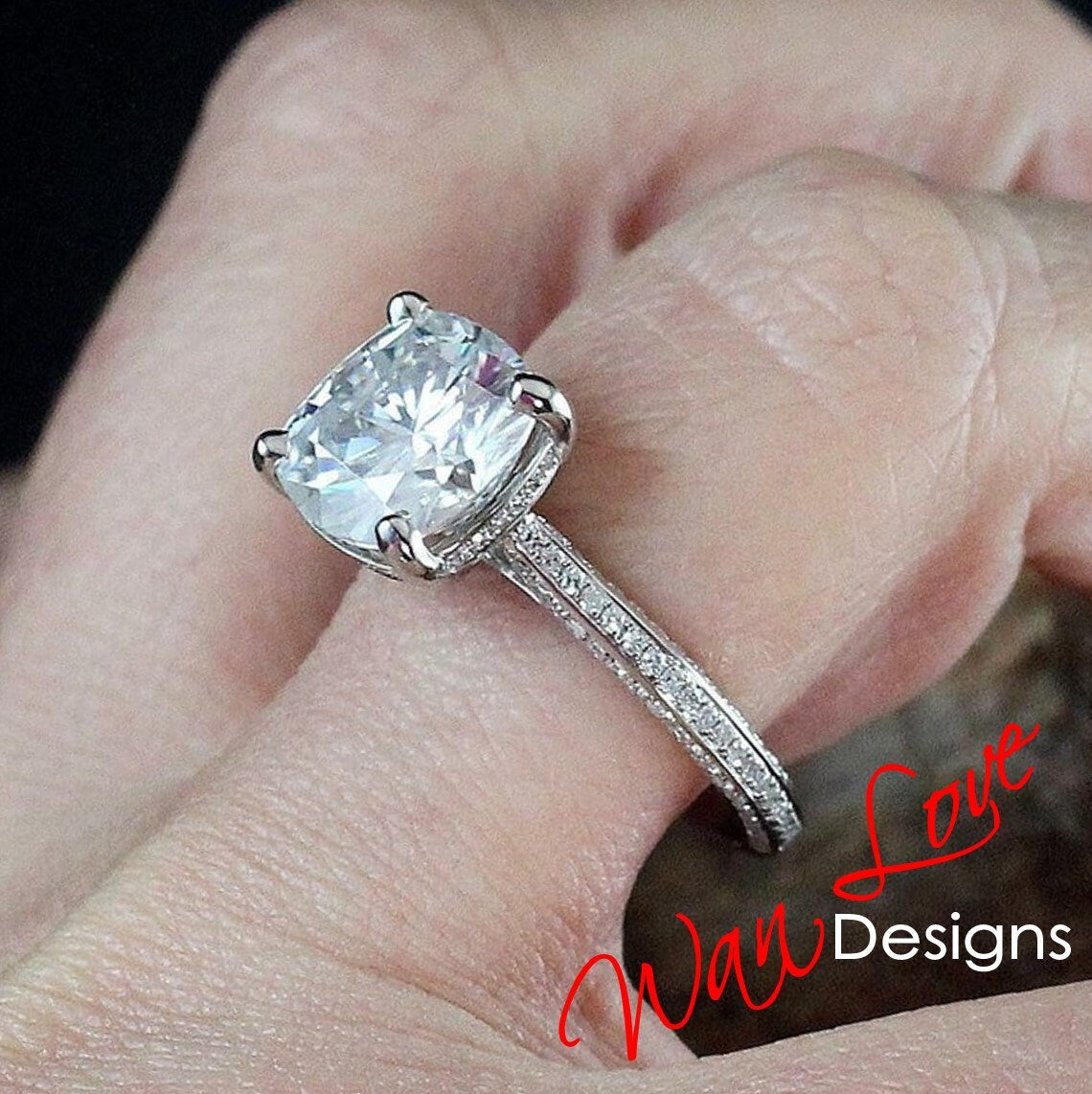 White Sapphire & Diamond Cushion Engagement Ring 3 sided shank 5ct 10mm Custom 14k 18k White Yellow Rose Gold Platinum Wedding Anniversary
