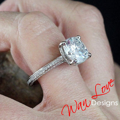 White Sapphire & Diamond Cushion Engagement Ring 3 sided shank 5ct 10mm Custom 14k 18k White Yellow Rose Gold Platinum Wedding Anniversary