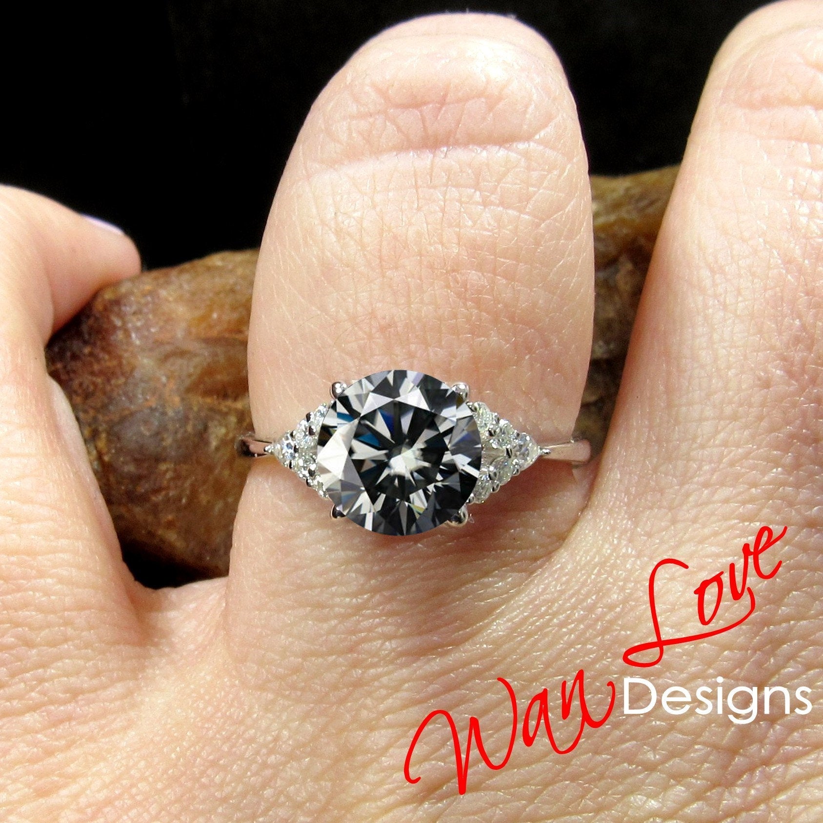 Vintage Gray Moissanite & Diamond Engagement Ring Round Claw prong Pear split shank antique ring art deco rose gold wedding anniversary gift