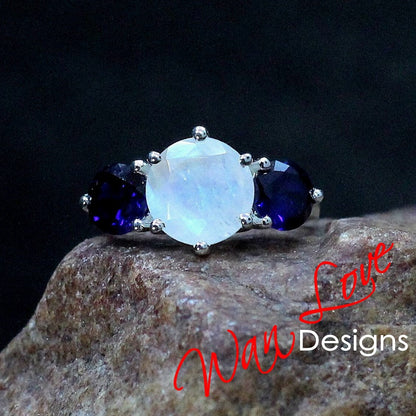 Vintage Round Moonstone three stones engagement ring Antique Blue Sapphire ring unique prong wedding bridal ring anniversary promise ring