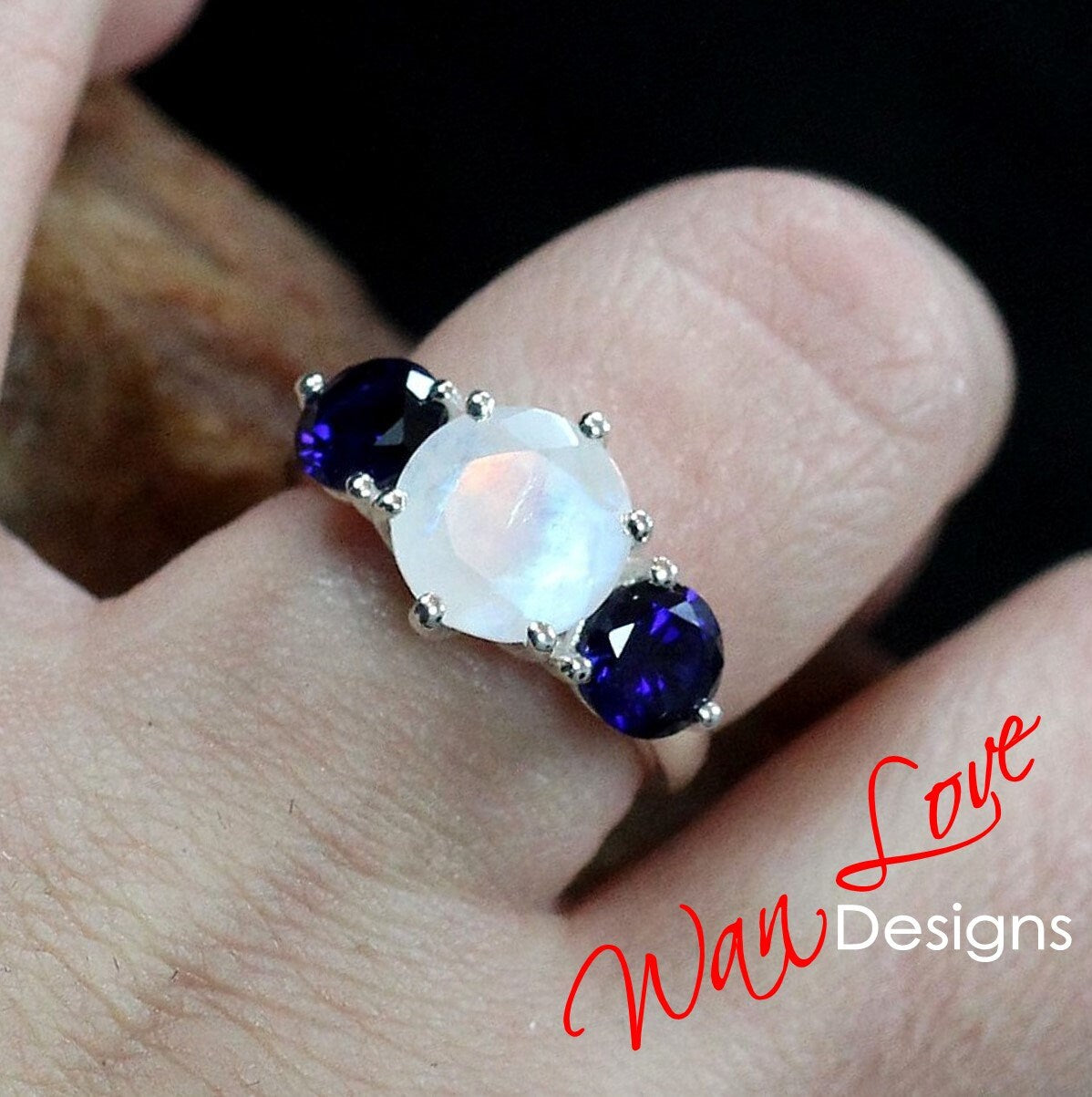 Vintage Round Moonstone three stones engagement ring Antique Blue Sapphire ring unique prong wedding bridal ring anniversary promise ring