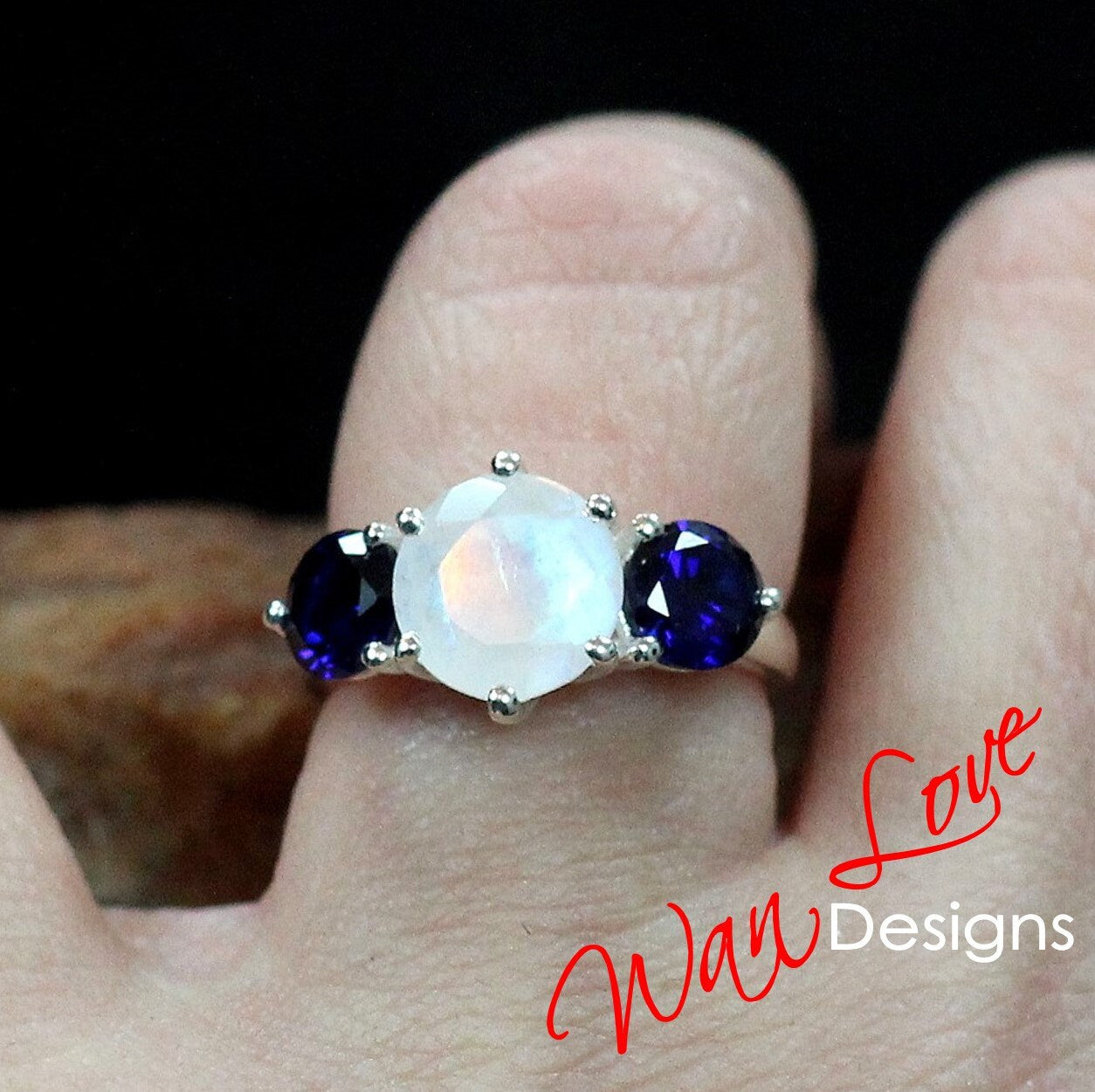 Vintage Round Moonstone three stones engagement ring Antique Blue Sapphire ring unique prong wedding bridal ring anniversary promise ring