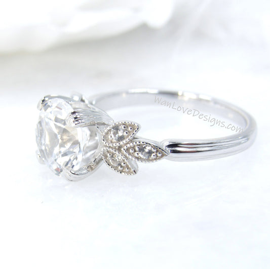 White Sapphire Diamond Milgrain Leaf Engagement Ring, Nature Antique Vintage style Round,Custom Wedding,18k 14k Gold,Platinum,WanLoveDesigns