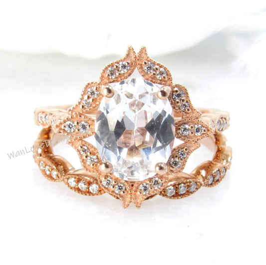 White Sapphire vintage engagement ring set Rose gold moissanite halo ring Antique almost eternity matching wedding band Bridal Promise Ready