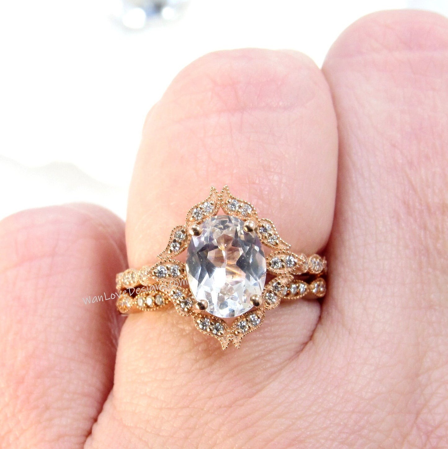 White Sapphire vintage engagement ring set Rose gold moissanite halo ring Antique almost eternity matching wedding band Bridal Promise Ready
