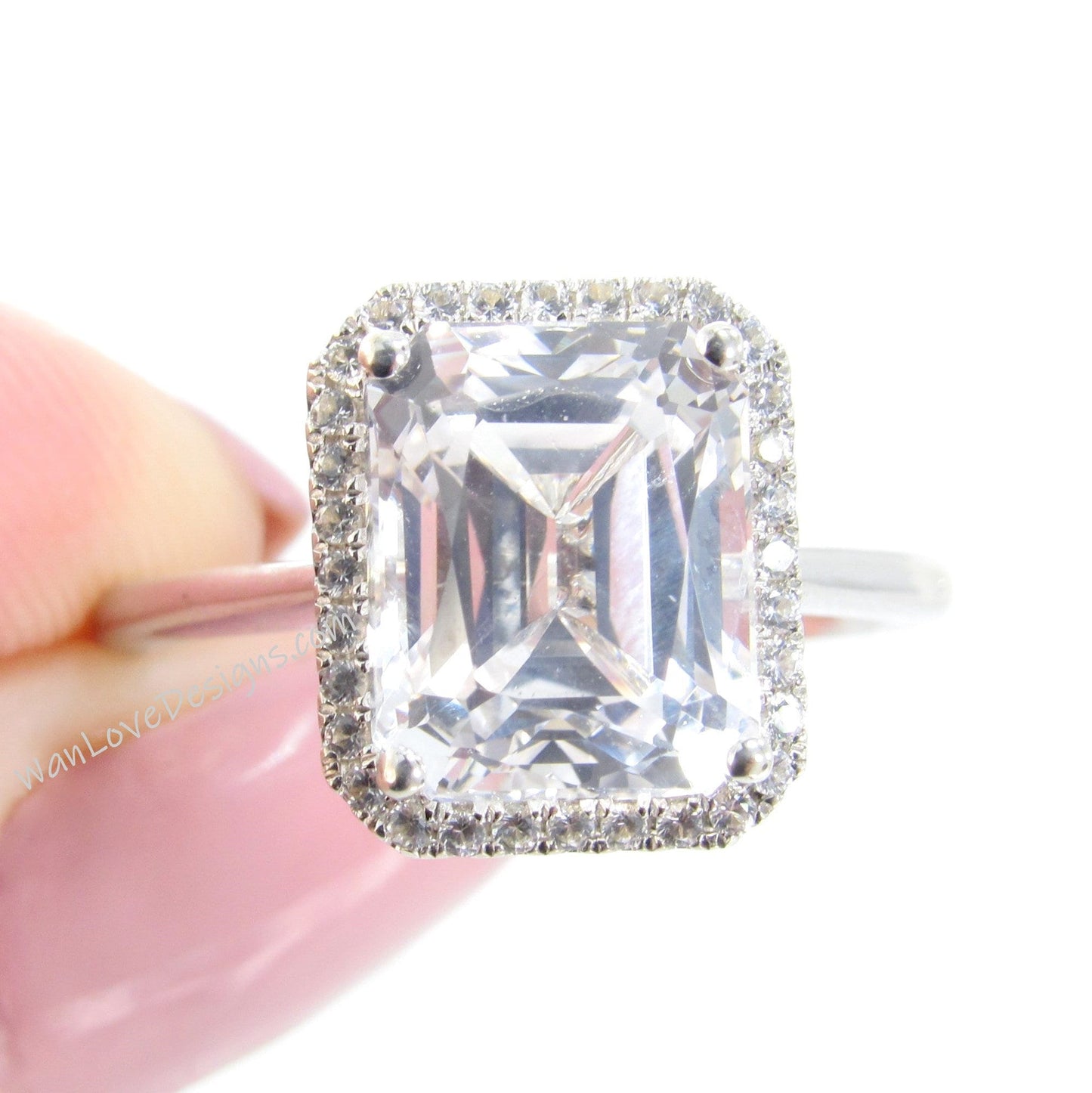 White Sapphire engagement ring emerald cut ring halo ring white sapphire ring vintage art deco prong ring anniversary ring -Ready to ship
