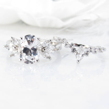 White Sapphire Engagement Ring Set, White Sapphire Moissanite ring set with side marquise Moissanite