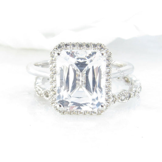 White Sapphire Emerald Halo Engagement Ring Dainty emerald cut halo vintage ring Milgrain Leaf Wedding Band Set 4ct bridal ring set-Ready