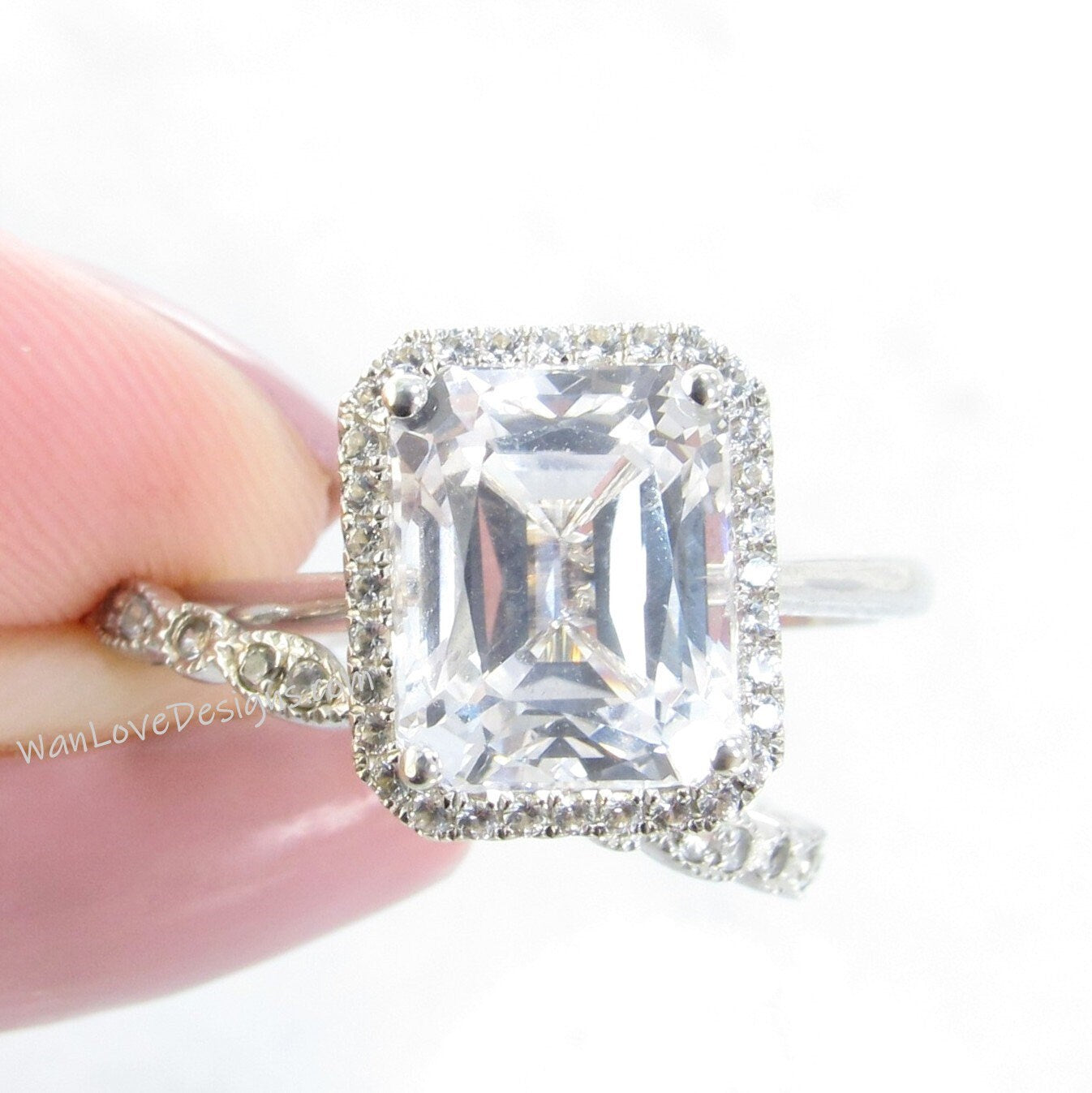 White Sapphire Emerald Halo Engagement Ring Dainty emerald cut halo vintage ring Milgrain Leaf Wedding Band Set 4ct bridal ring set-Ready