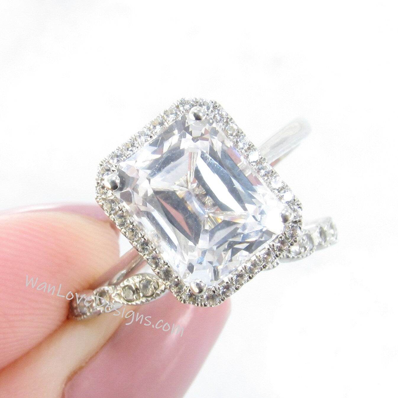 White Sapphire Emerald Halo Engagement Ring Dainty emerald cut halo vintage ring Milgrain Leaf Wedding Band Set 4ct bridal ring set-Ready