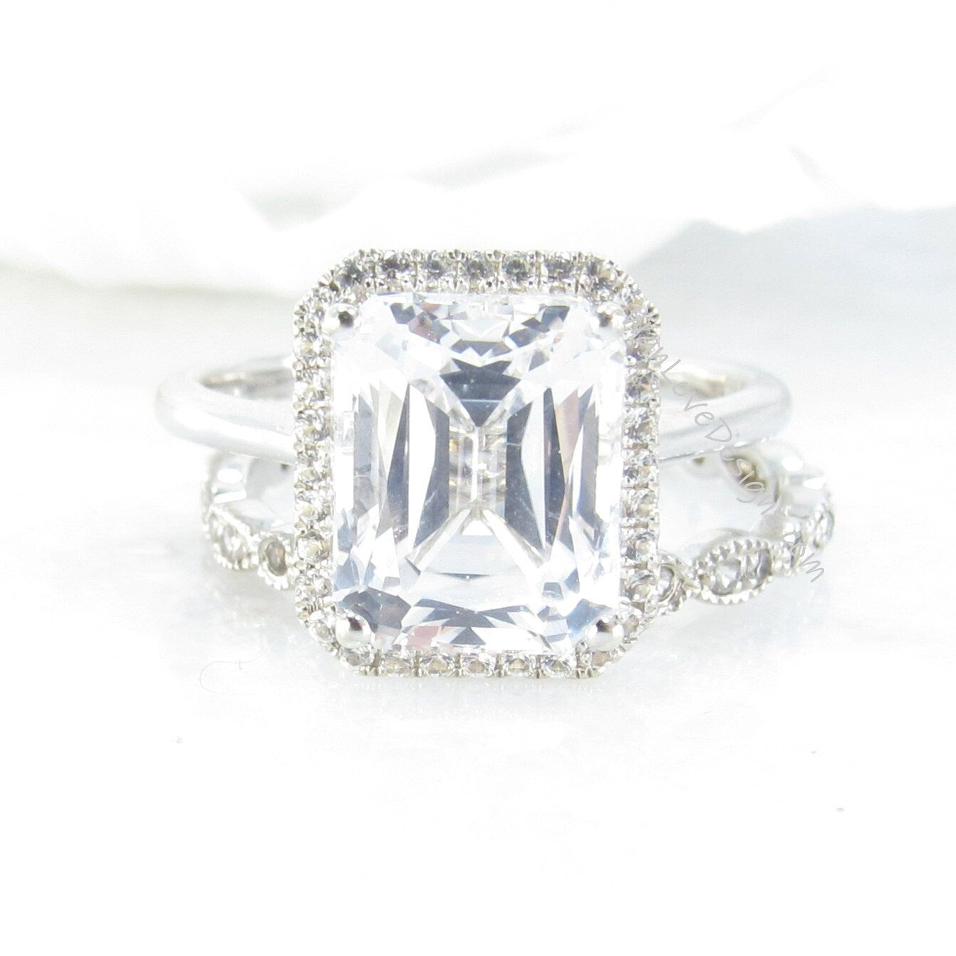 White Sapphire & Diamond Emerald Halo Engagement Ring set, Milgrain Leaf Full Eternity Wedding Band, Custom,14kt 18kt Gold