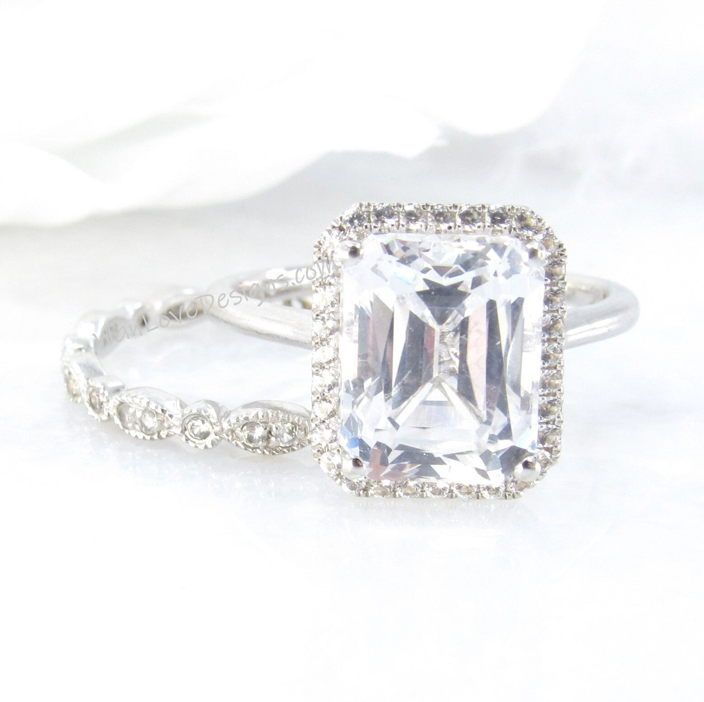 White Sapphire & Diamond Emerald Halo Engagement Ring set, Milgrain Leaf Full Eternity Wedding Band, Custom,14kt 18kt Gold