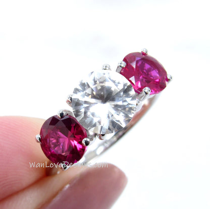 White Sapphire & Ruby 3 Stone Engagement Ring, Round, Custom made,Wedding,Anniversary,14k 18k White Yellow Rose Gold,Platinum