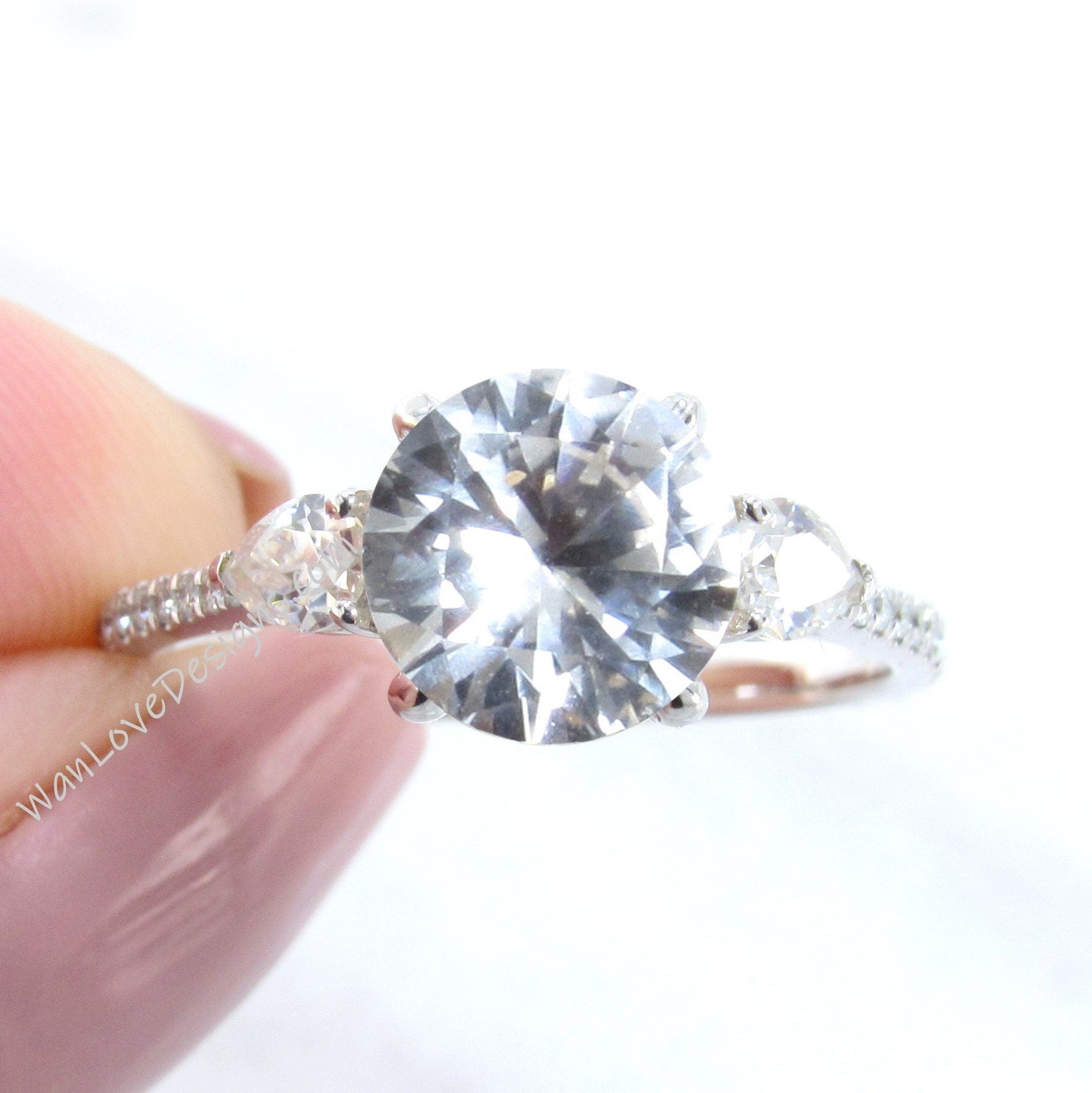 White Sapphire Round Pear Diamond Ring, Three Stone Moissanite Ring, Round sapphire engagement Ring, Diamond Band Ring