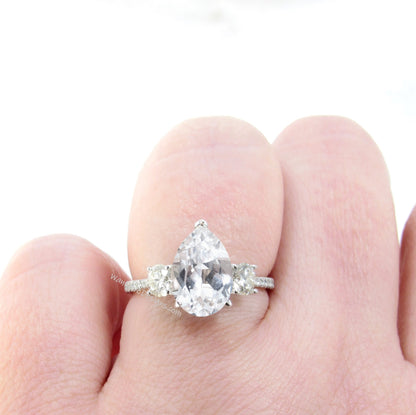 White Sapphire Diamond Moissanite Pear Round 3 Stone Minimalist Dainty Engagement Ring Wedding Anniversary Gift