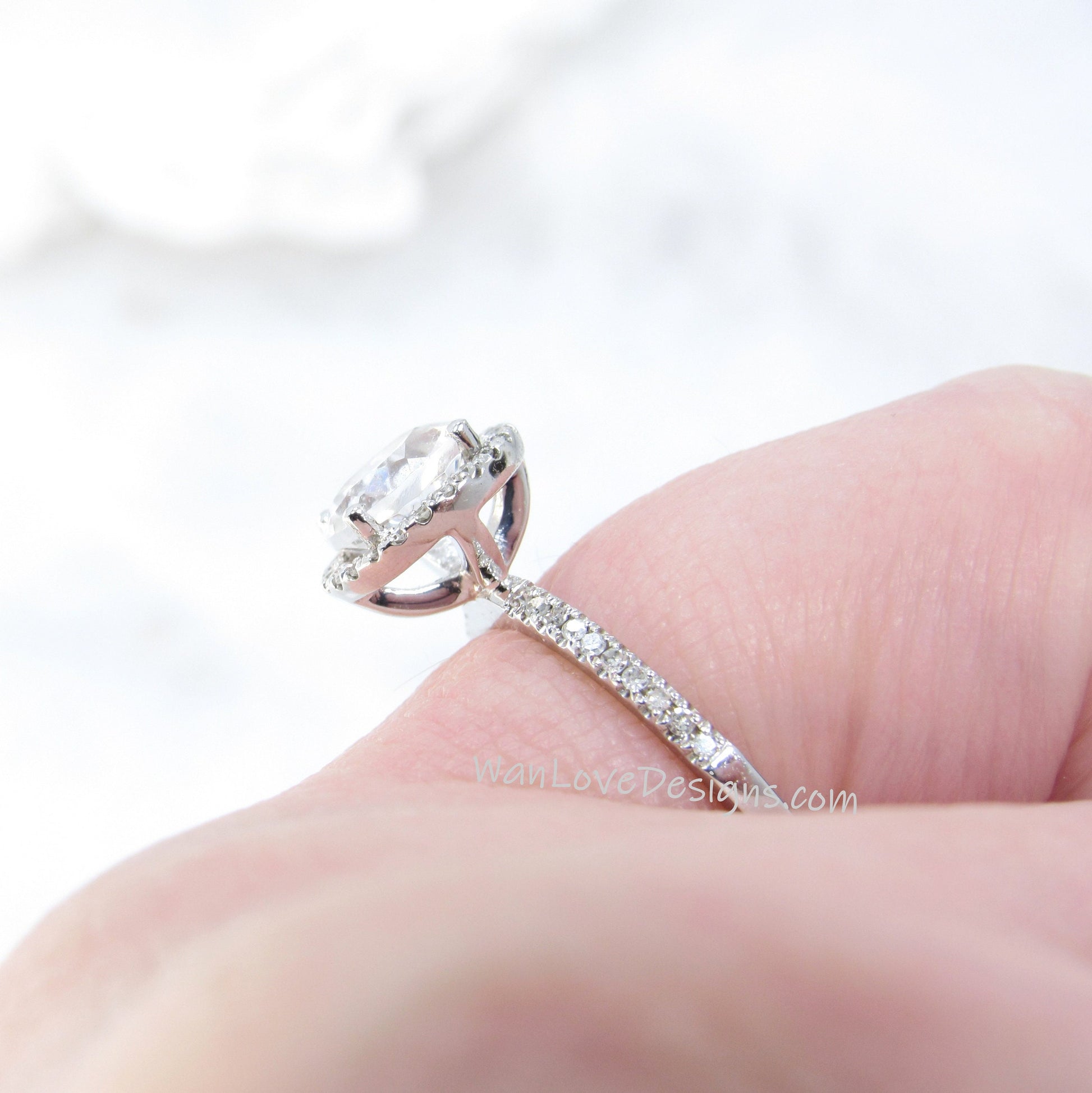 White Topaz & Diamond Round Halo Engagement Ring Custom made-Wedding-Anniversary-14k 18k White Yellow Rose Gold-Platinum Natural
