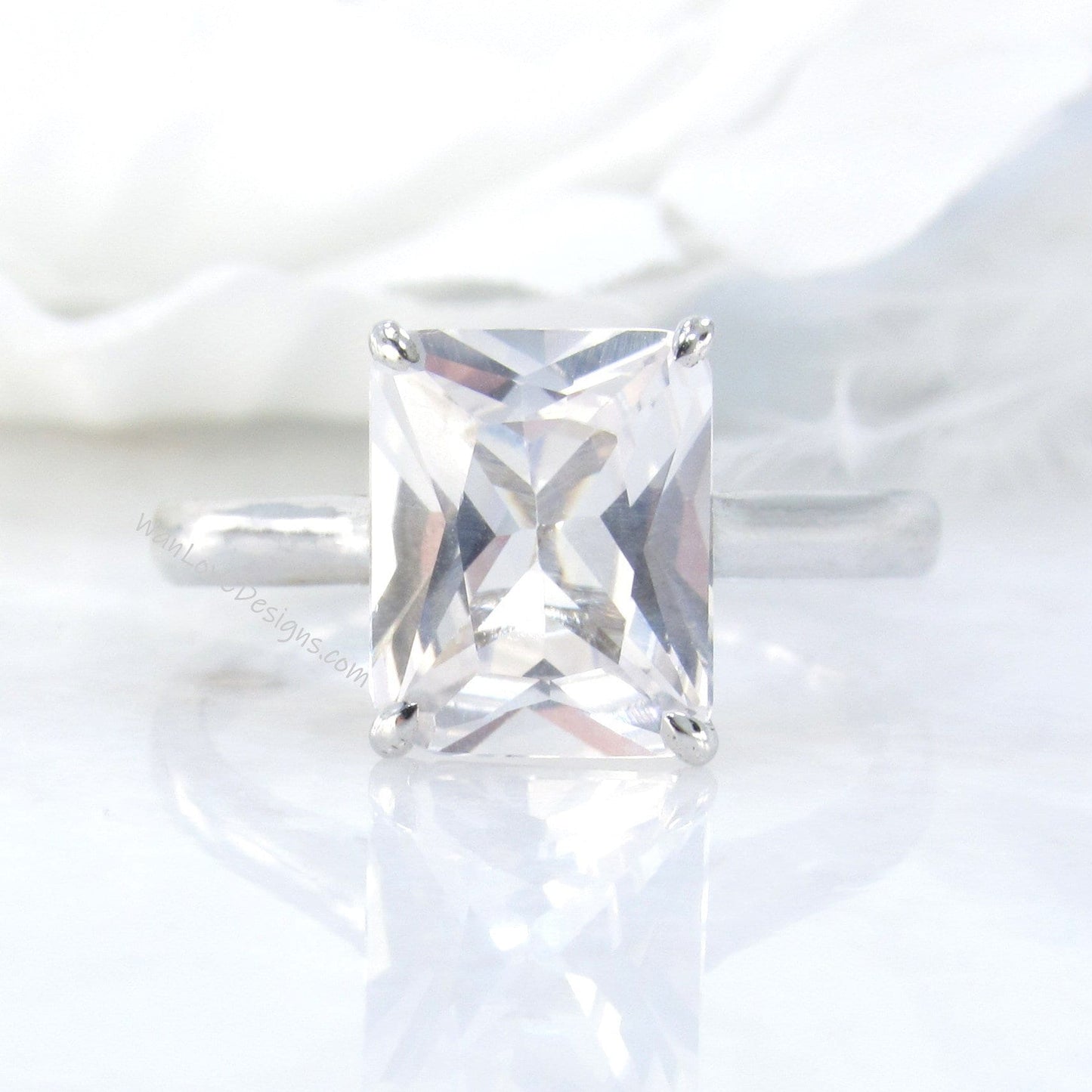 White Sapphire Solitaire Emerald Engagement Ring-4ct Carat-10x8mm-925 Silver w Rhodium-Custom-Wedding-Anniversary-Ready to Ship