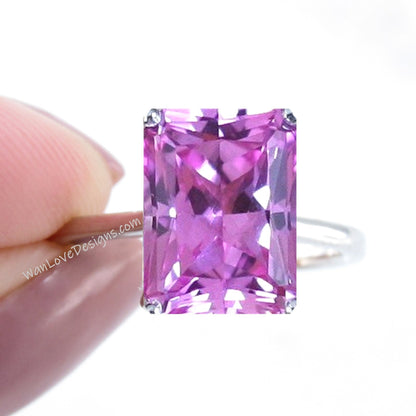 WanLoveDesigns Pink Sapphire Emerald Cathedral Solitaire Engagement Ring, Custom-14k 18k White Yellow Rose gold-Platinum