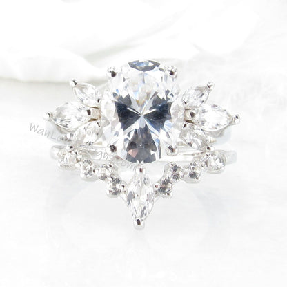 White Sapphire Engagement Ring Set, White Sapphire Moissanite ring set with side marquise Moissanite