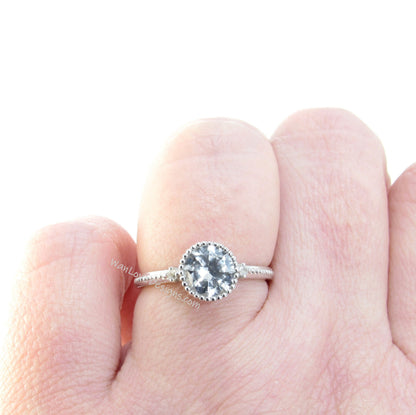 White Sapphire Diamond Milgrain Bezel Round 3 Gem stone Engagement Ring, Custom Wedding