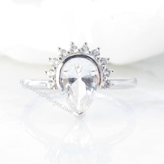 White Sapphire Pear Cut Ring, Semi Bezel Ring, Half Halo Diamonds ring, Sapphire Engagement Ring, Sapphire Halo Ring, September Birthstone