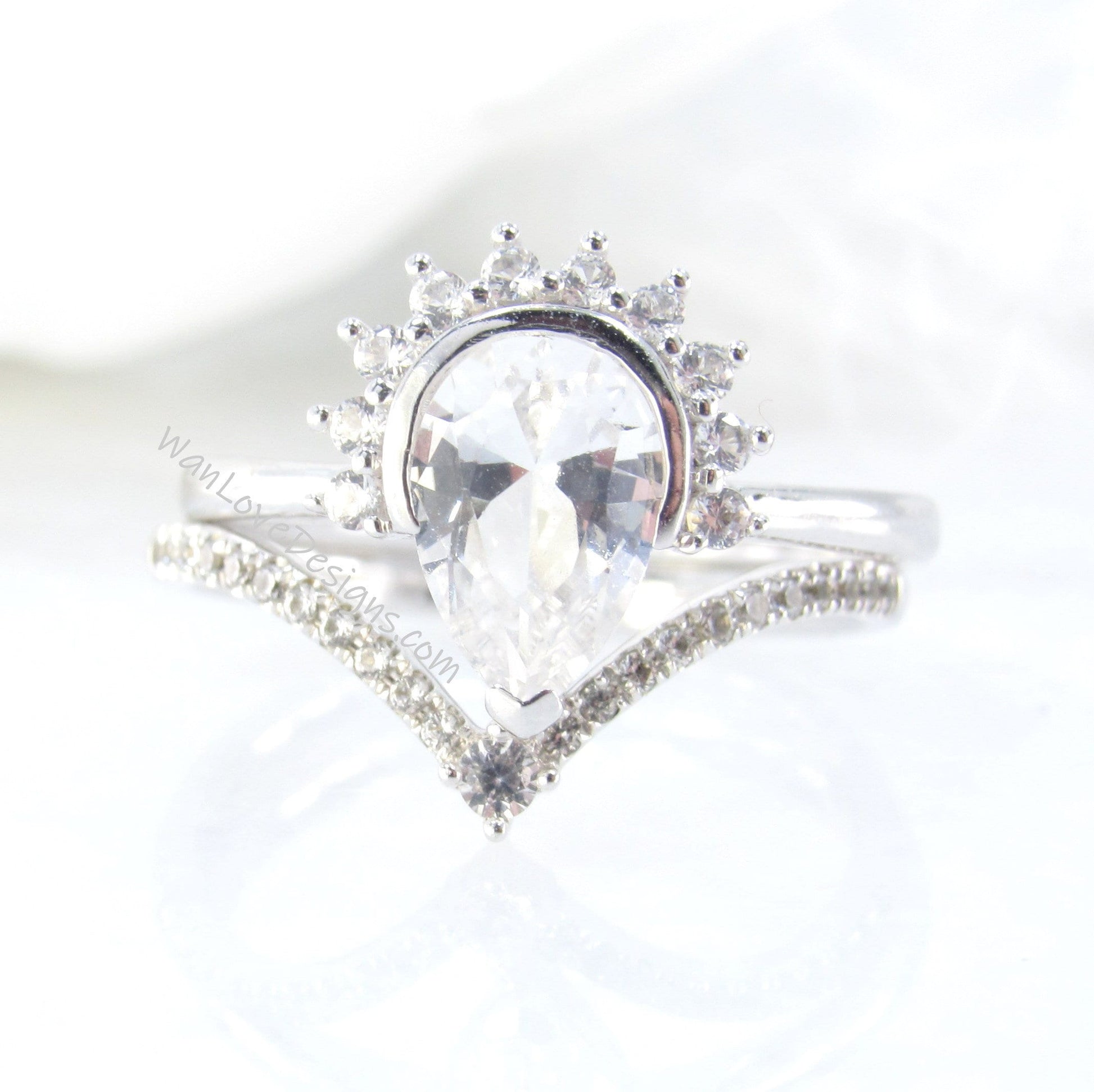 White Sapphire Pear Crown Half Halo Engagement Ring Set V Curved Wedding Band Semi Bezel 1.5ct White Gold bridal ring set-Ready to Ship