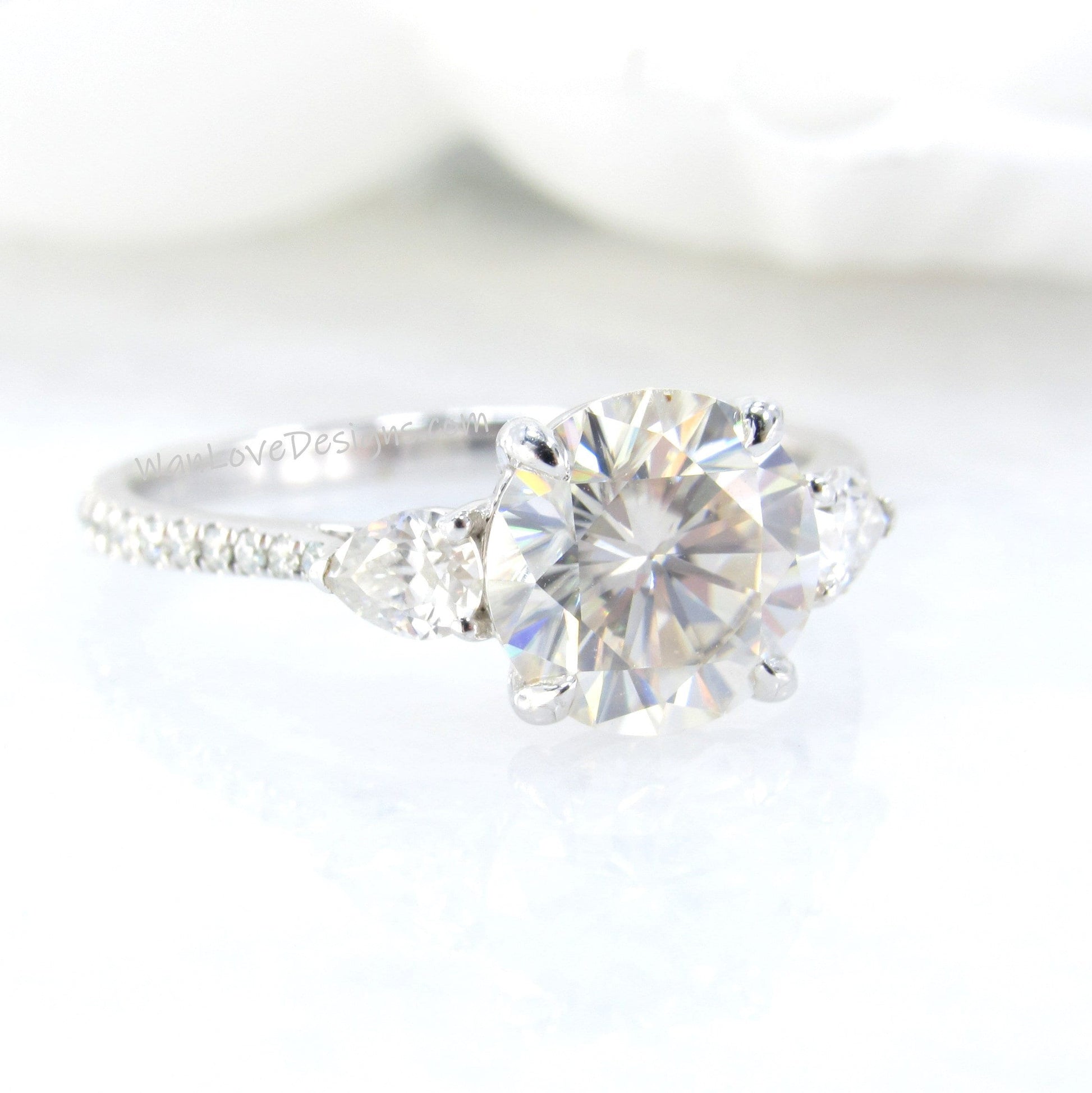 Vintage Moissanite Engagement Ring Art Deco Round cut ring Moissanite diamond three gem stone white Gold Unique Anniversary Promise Ring