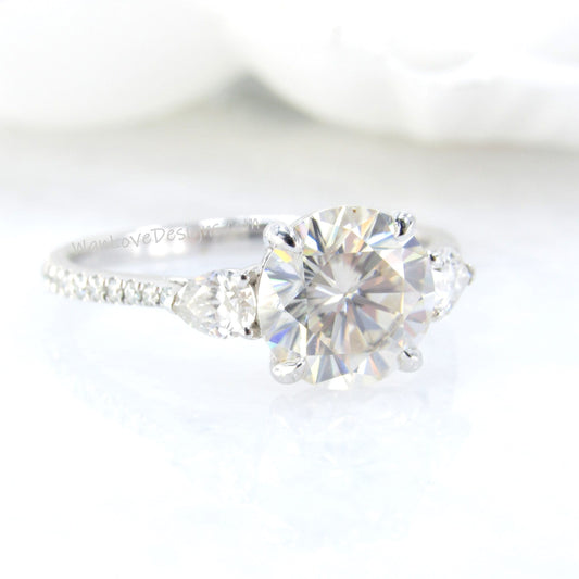 Vintage Moissanite Engagement Ring Art Deco Round cut ring Moissanite diamond three gem stone white Gold Unique Anniversary Promise Ring