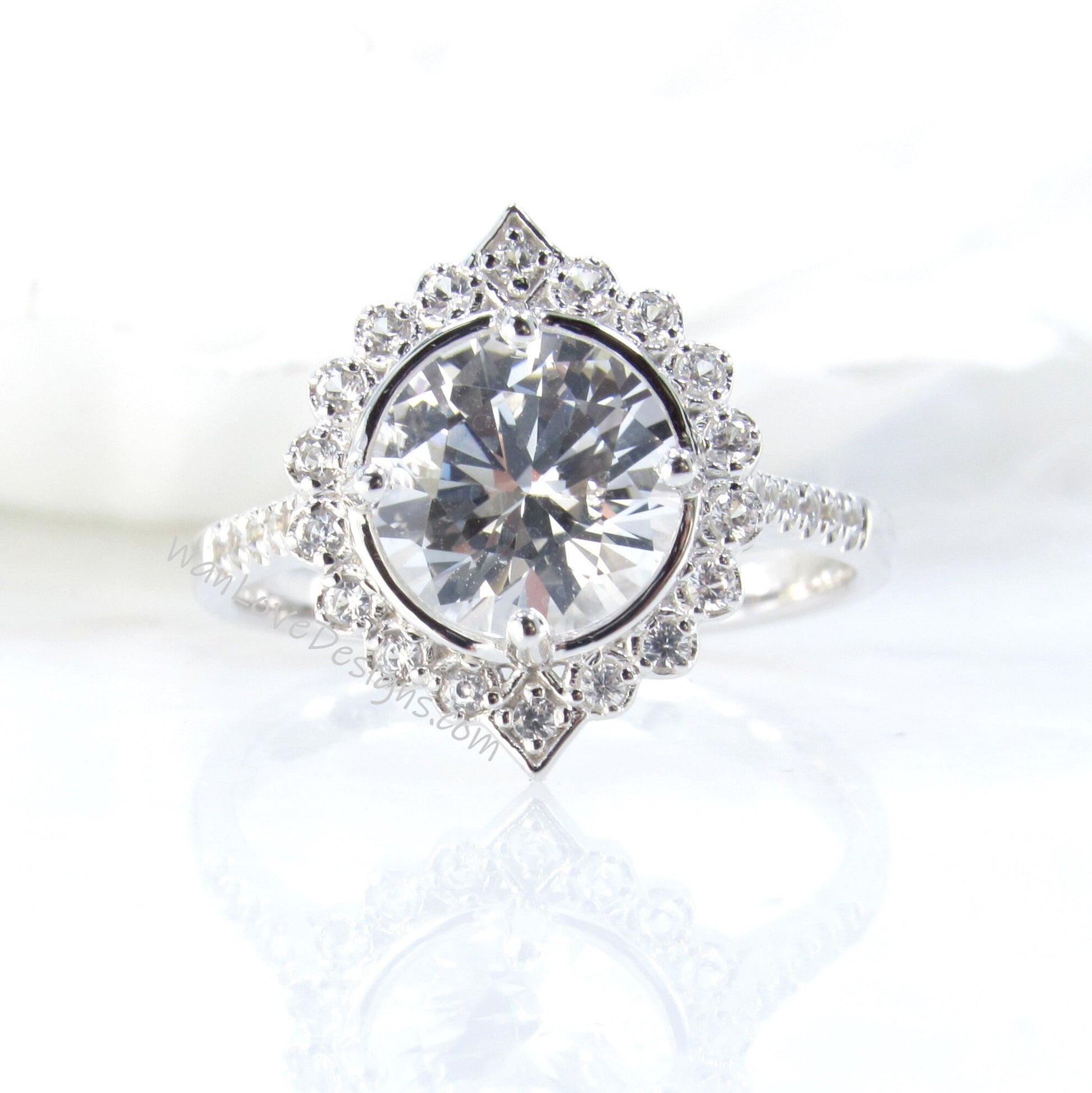 White Gold Art Deco luxurious pave White Sapphire Halo ring, 2ct unique Geometric Halo, Round halo ring, Cathedral Fancy Gallery, Ready Ring