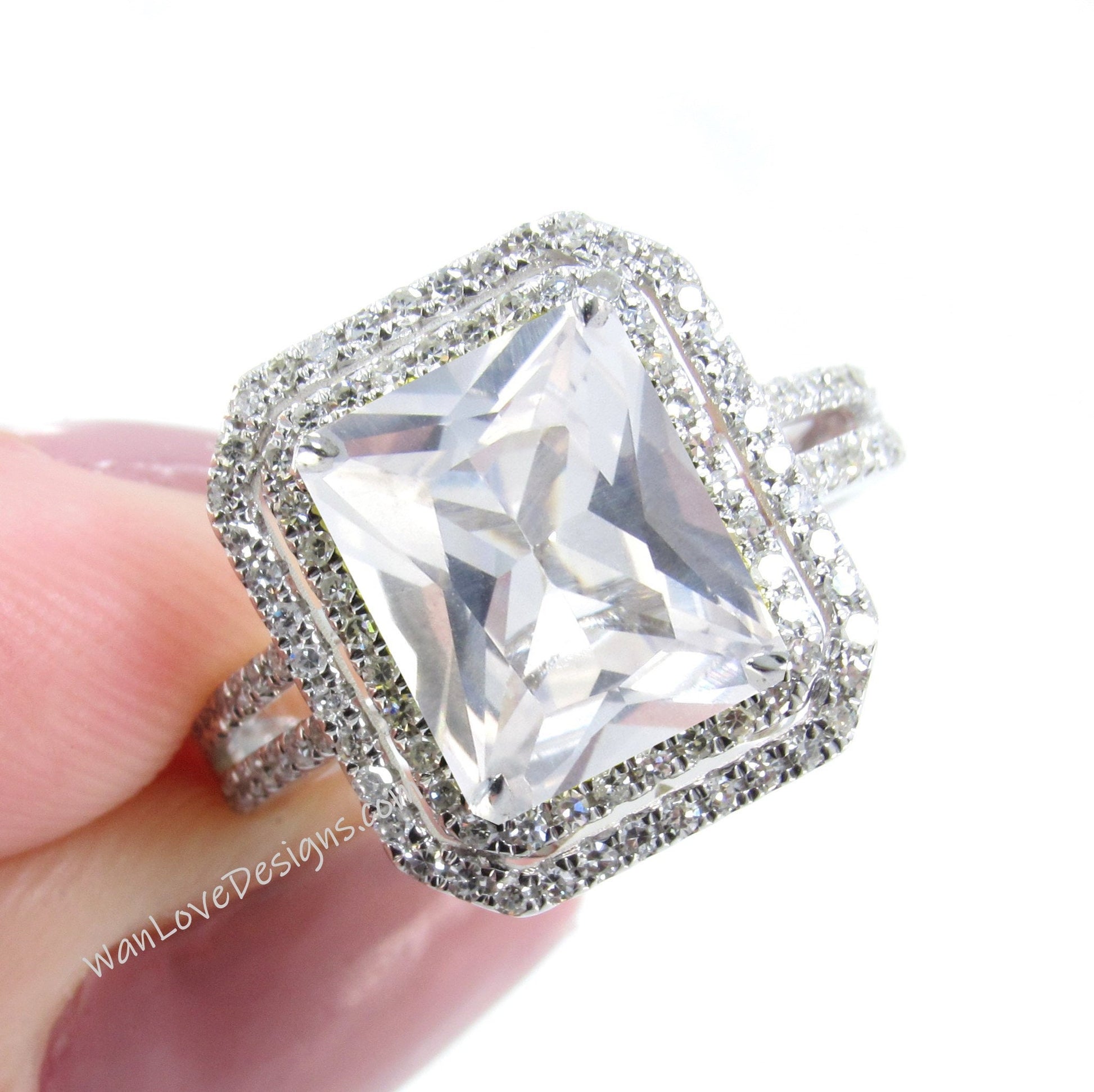 White Sapphire Diamond 2 Halo Split shank Engagement Ring 4ct 10x8mm 14k 18k White Yellow Rose Gold Platinum Custom Wedding Anniversary Gift