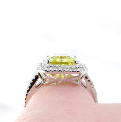White Sapphire Diamond 2 Halo Split shank Engagement Ring 4ct 10x8mm 14k 18k White Yellow Rose Gold Platinum Custom Wedding Anniversary Gift