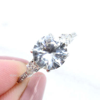 White Sapphire Round Pear Diamond Ring, Three Stone Moissanite Ring, Round sapphire engagement Ring, Diamond Band Ring
