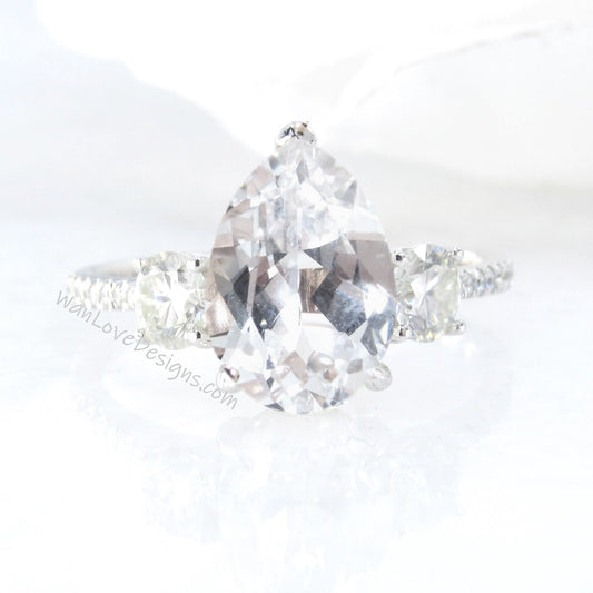 White Sapphire Diamond Moissanite Pear Round 3 Stone Minimalist Dainty Engagement Ring Wedding Anniversary Gift
