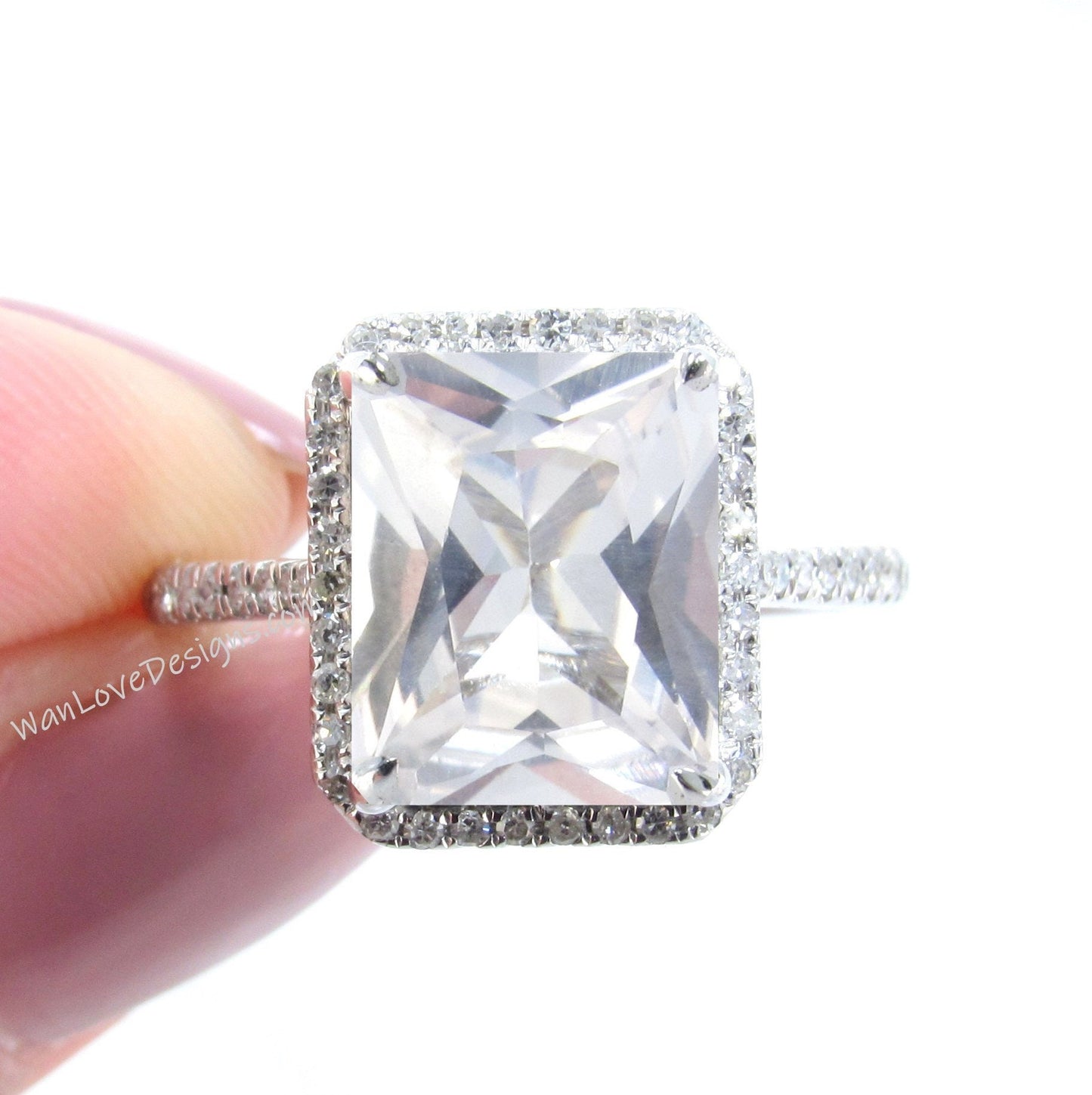 White Sapphire & Diamond Emerald Halo Engagement Ring, 14k 18k White Yellow Rose Gold-Platinum-Custom-Wedding,Anniversary Gift
