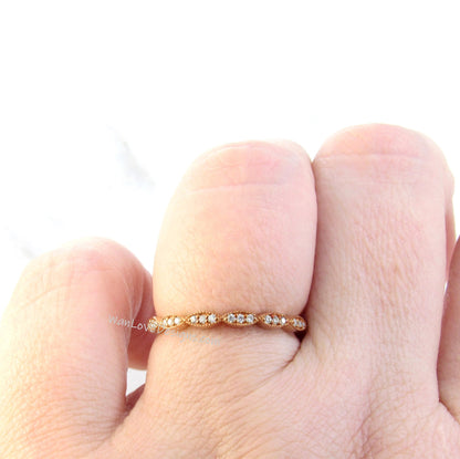 Vintage Round Diamond Wedding Band in Solid Gold/ Platinum Ring, Scalloped Wedding Anniversary Ring, Promise Ring, Milgrain Birthstone Ring.