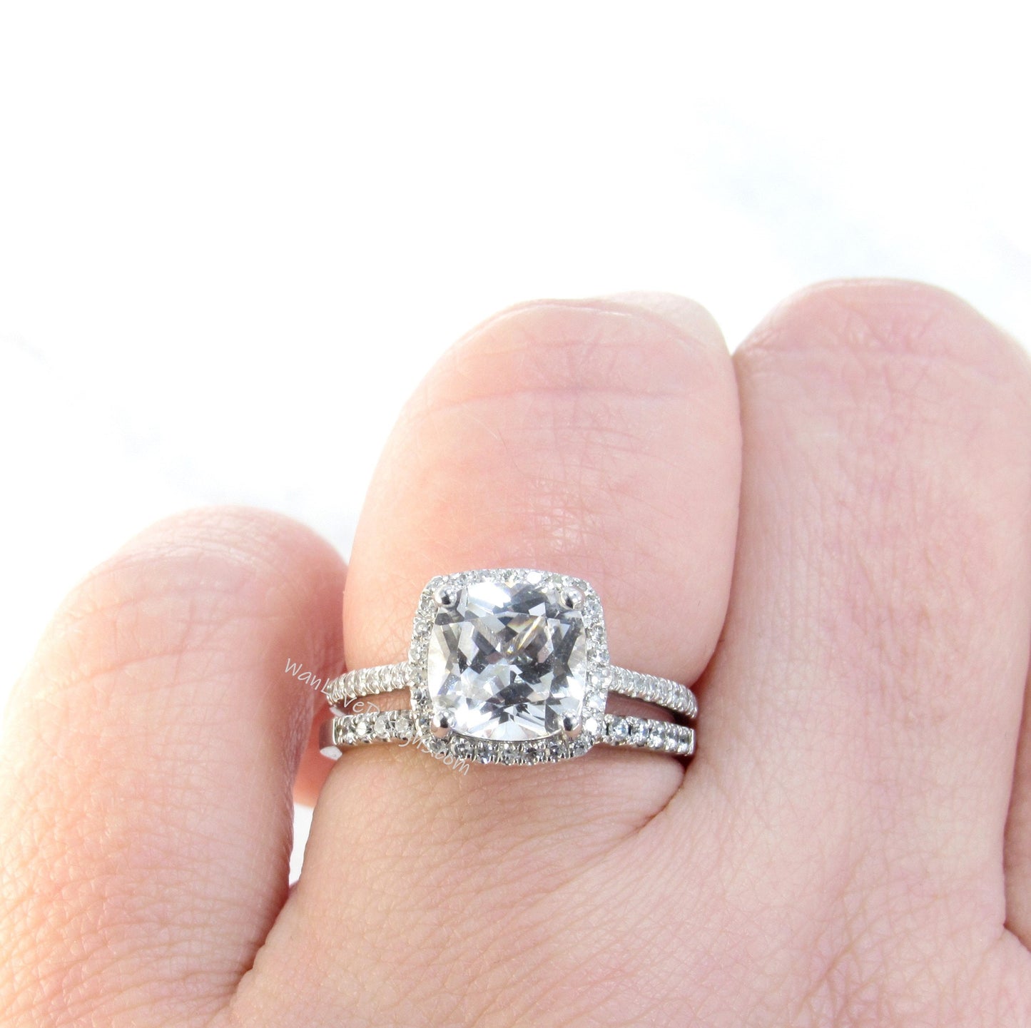 White Sapphire & Diamond Cushion Halo Engagement Ring, Wedding Band Set, 14k 18k White Yellow Rose Gold-Platinum-Custom-Anniversary