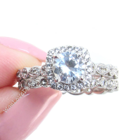 vintage White Sapphire Diamond Cushion Halo Engagement Ring set 1ct antique Milgrain Round Leaf Wedding Band Set promise anniversary set