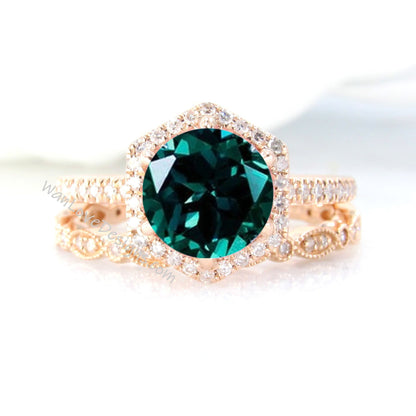 Vintage Emerald Engagement Ring Rose gold Women Diamond Hexagon Halo wedding set Vintage Bridal set Promise ring Anniversary ring
