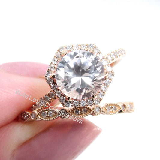 Vintage Light Pink Sapphire Engagement Ring Rose gold Women Diamond Hexagon Halo wedding set Vintage Bridal set ring Anniversary ring