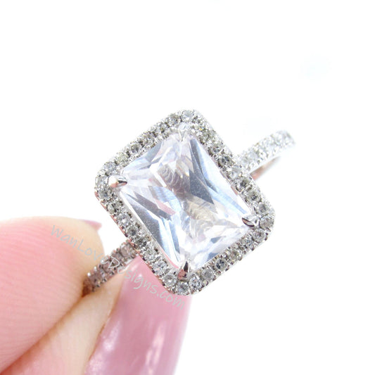 White Sapphire & Diamond Halo Engagement Ring 2ct Radiant diamond white sapphire ring 14k White Gold Wedding Anniversary promise ring-Ready