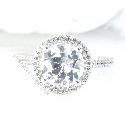 White Sapphire Round Halo Engagement Ring, 2ct, 8mm, 925 Silver w Rhodium, Wedding, Anniversary Gift, Basket, 2 Carat, Ready to Ship