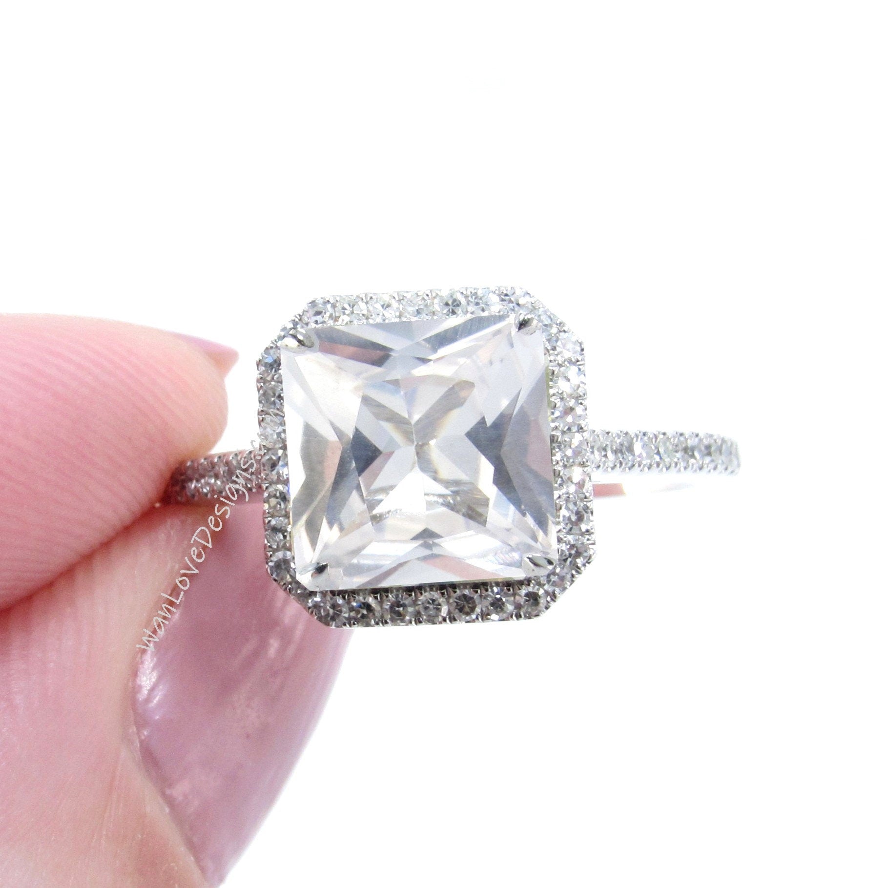 White Sapphire engagement ring asscher diamond halo ring 14k rose gold diamond halo princess half eternity unique ring Promise Bridal ring