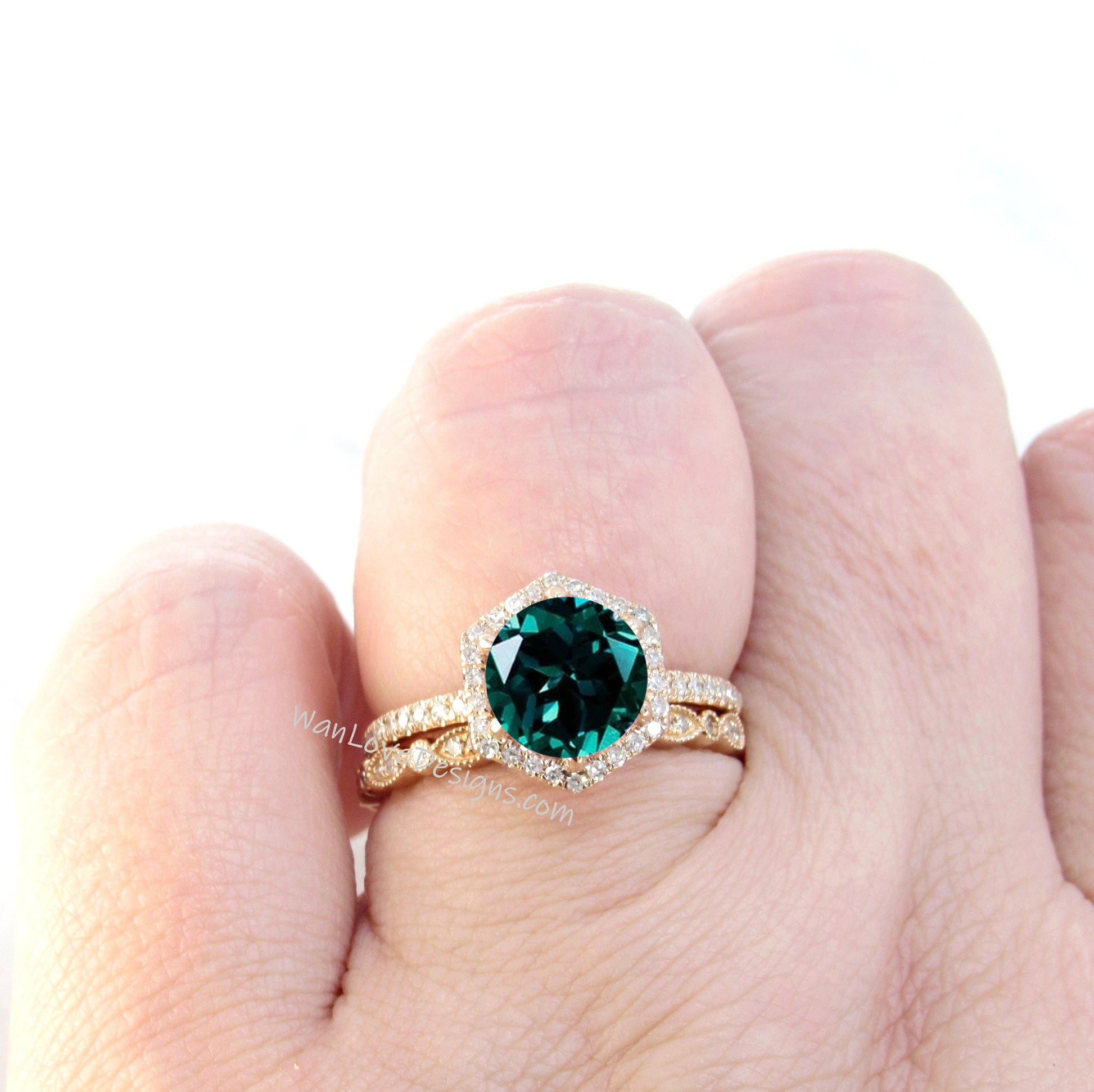 Vintage Emerald Engagement Ring Rose gold Women Diamond Hexagon Halo wedding set Vintage Bridal set Promise ring Anniversary ring