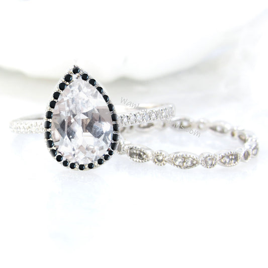 White Sapphire Black Diamond Pear Halo Engagement Ring Set, Almost Eternity Milgrain Band 14k 18k White Yellow Rose Gold-Platinum-Custom