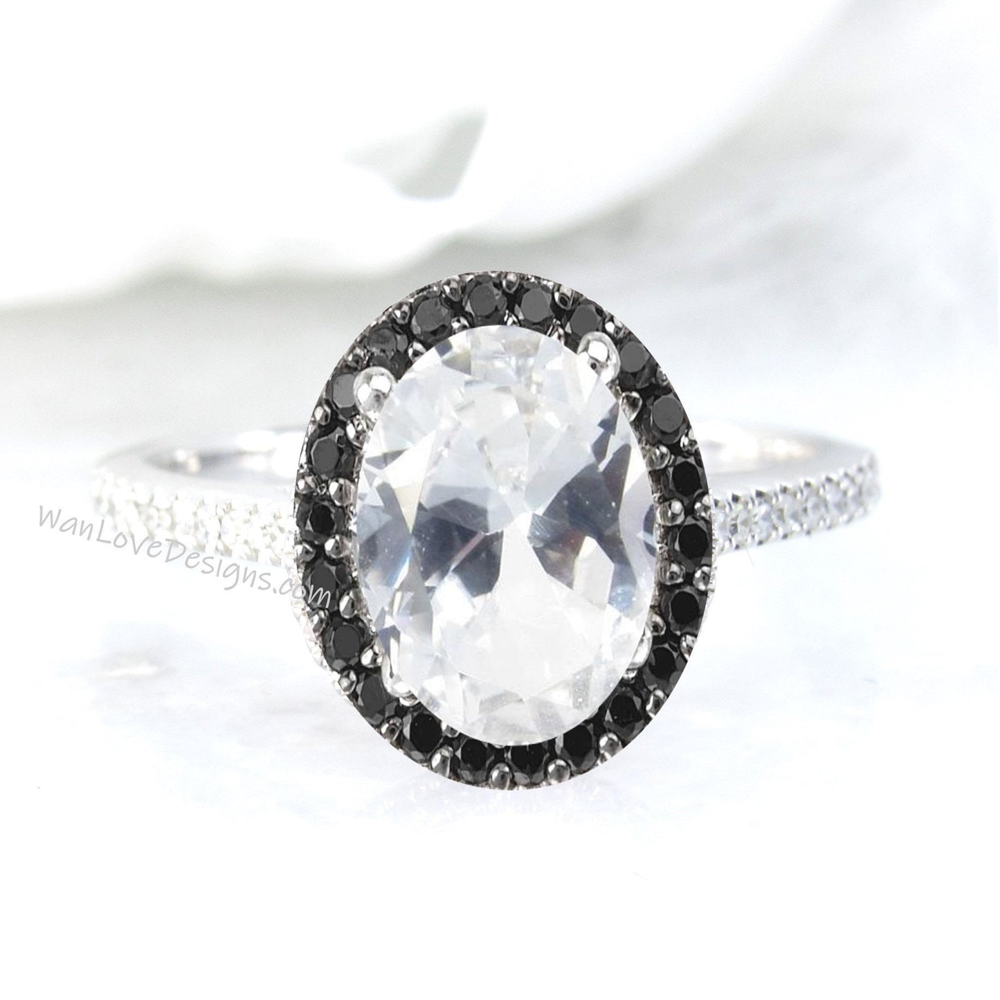 White Sapphire Black Diamond Oval Halo Engagement Ring, Custom-Wedding-14kt 18kt Gold, Platinum, Anniversary, WanLoveDesigns