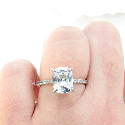 White Sapphire Elongated Cushion Engagement Ring, Basket set, 4 prong, 3.5 4 ct, 10x8mm, Custom-Wedding-Anniversary Gift-Ready to Ship