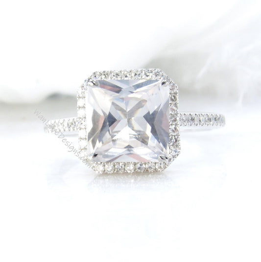 White Sapphire engagement ring asscher diamond halo ring 14k rose gold diamond halo princess half eternity unique ring Promise Bridal ring